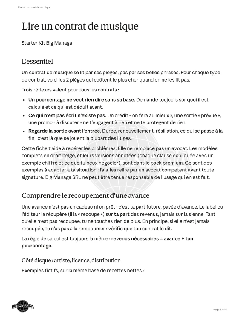 Première page de la fiche Lire un contrat de musique